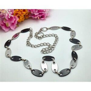 Black Silver Tone Oval Link Necklace Heavy Chunky Geometric Station Long 47 In